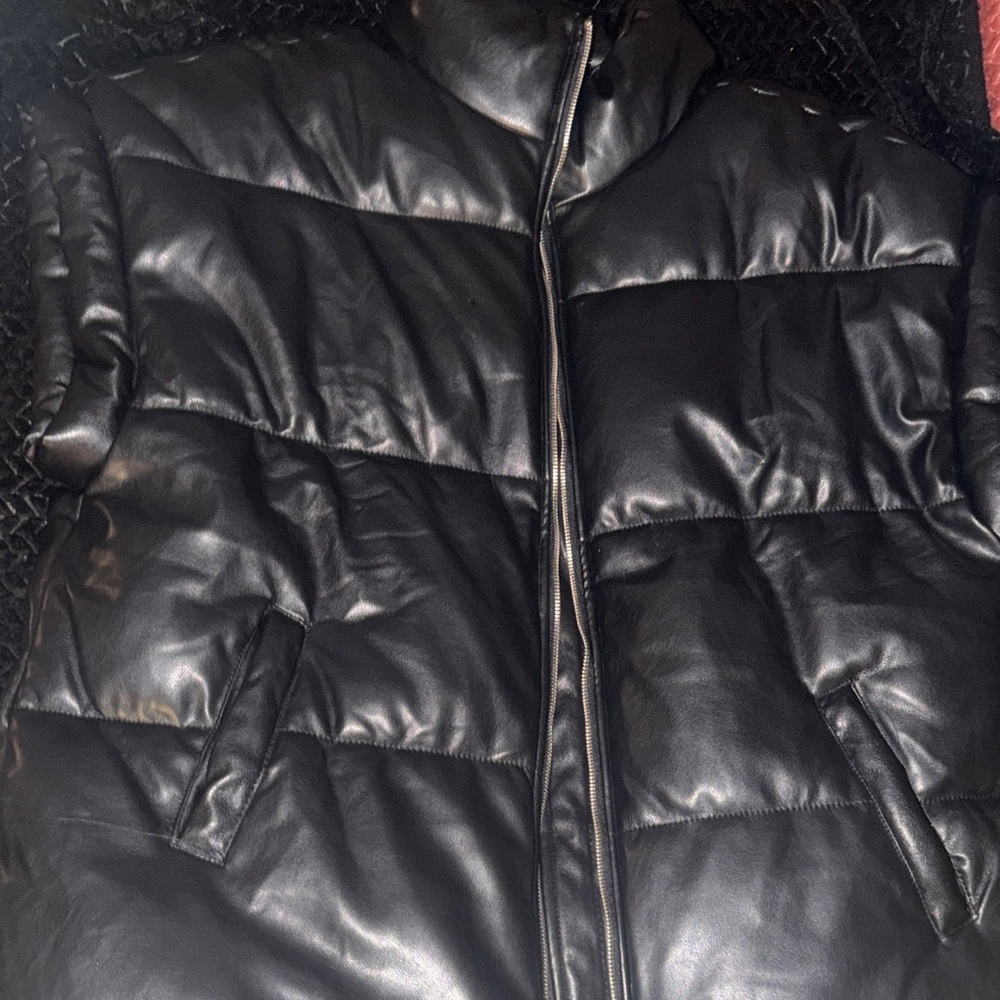 Black Quilted Faux Leather Puffer Jacket
